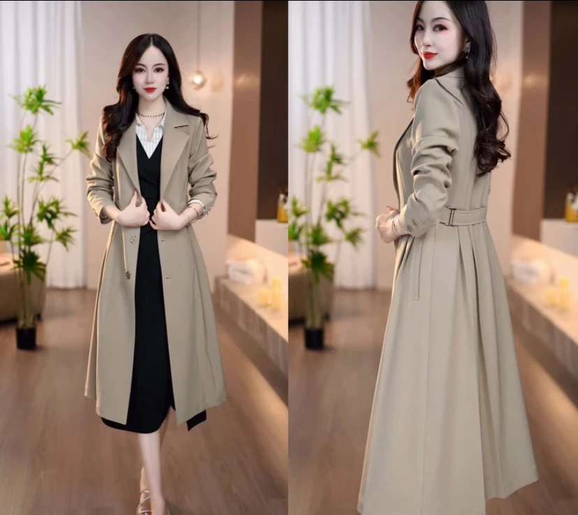 【新品上新】2025年秋季中长款宽松型薄款褶皱杏色百搭显瘦风衣外套