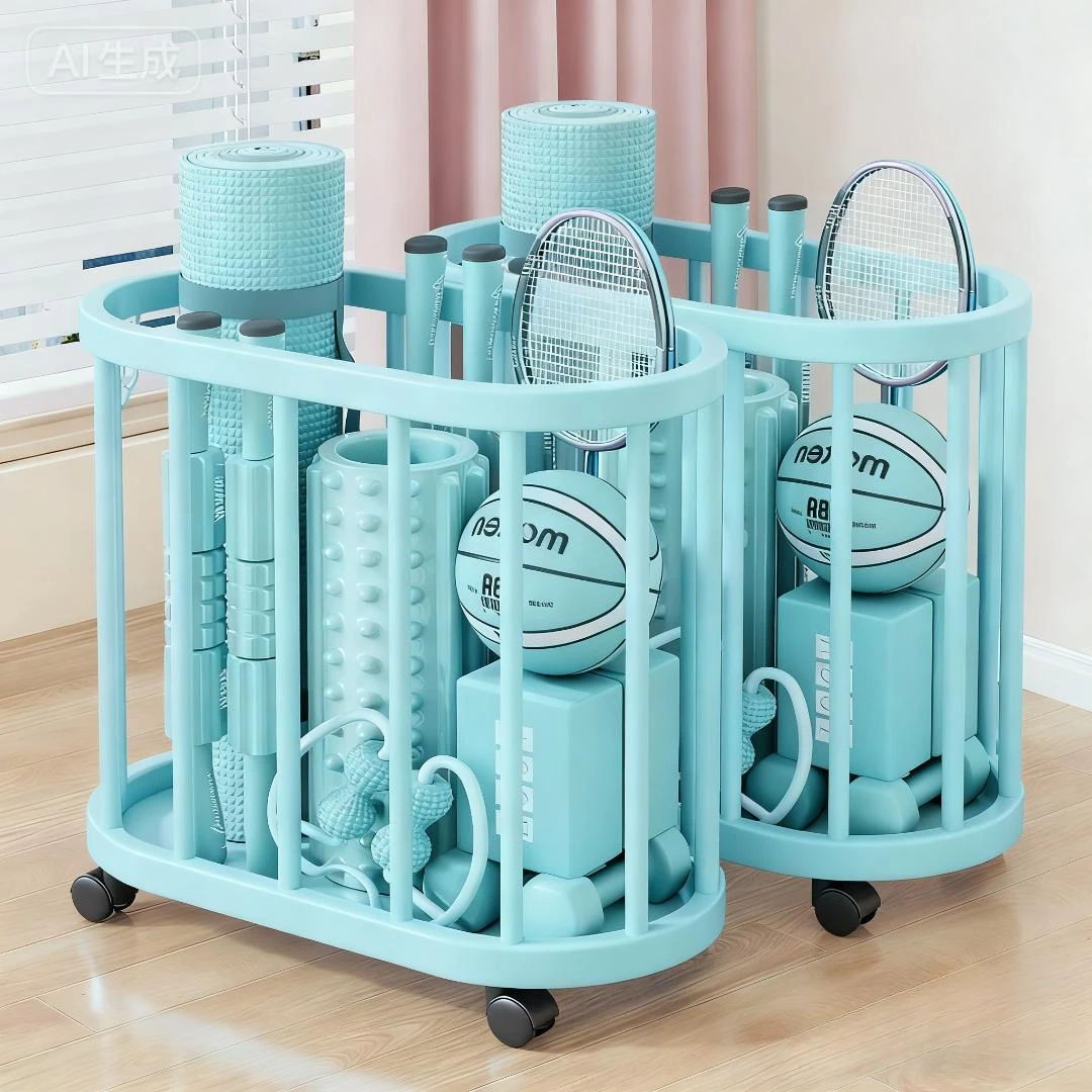 瑜伽垫收纳筐带轮家用运动工具篮球类用品大容量置物神器置物架
