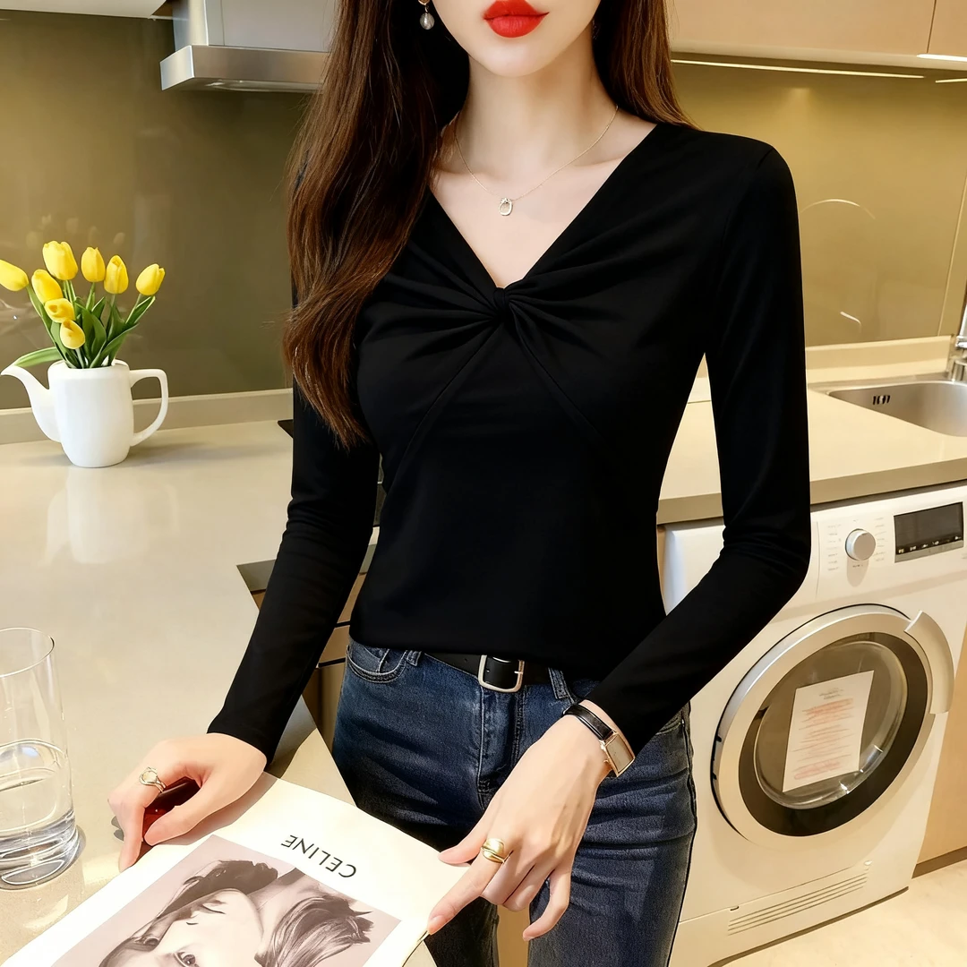 纯色法式扭结v领长袖早秋打底衫女秋季款洋气独特别致设计感上衣