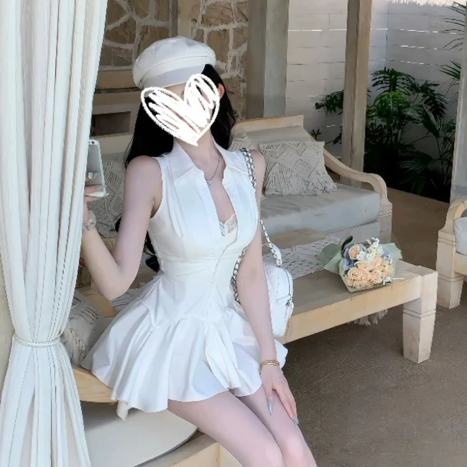 性感纯欲假两件蕾丝拼接polo领衬衫连衣裙女夏季a字裙配短裤套装