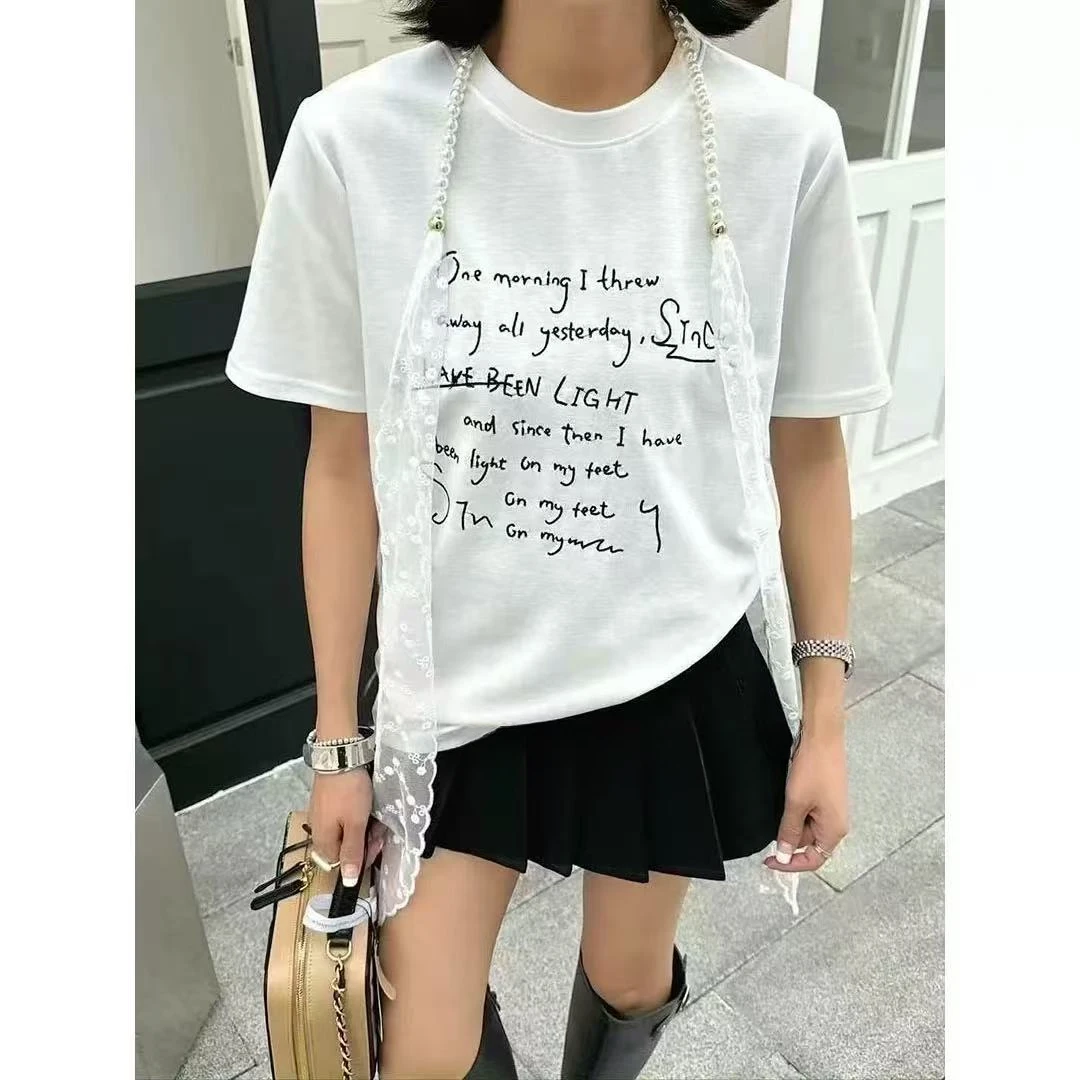 H3098个性英文印花搭配蕾丝珍珠项链显瘦百搭时尚风T恤5207