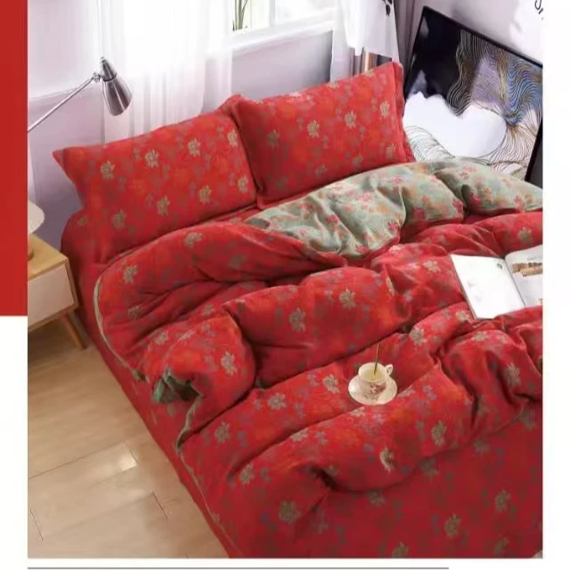 （花开浪漫大红)全棉色织提花双层纱 幅宽2.5米 双面可用