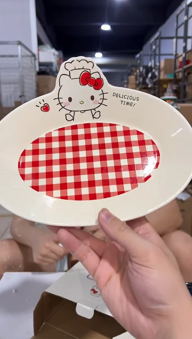 瓷片原盒kt猫红格子餐盘