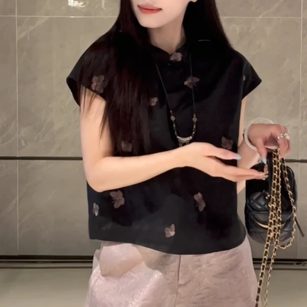 新中式国风复古蝴蝶黑色衬衫女夏款气质显瘦百搭小上衣