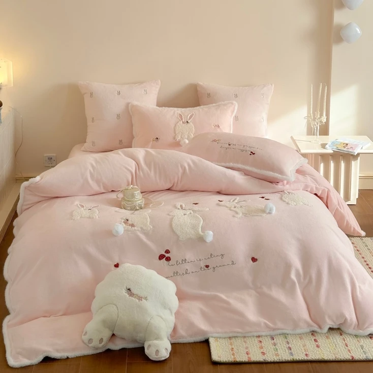 少女心双面加厚牛奶绒四件套兔兔刺绣珊瑚绒被套床单女孩床上用品