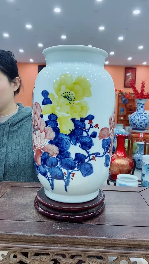 【闪购商品】摆件景德镇陶瓷花瓶花开富贵周老师冬瓜瓶