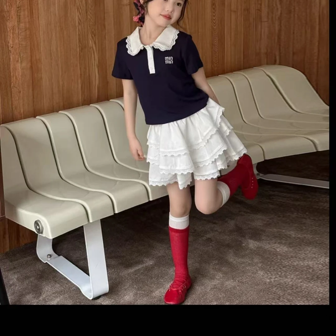 儿童夏款学院休闲风百搭polo短袖女童T恤甜美风中大童上衣