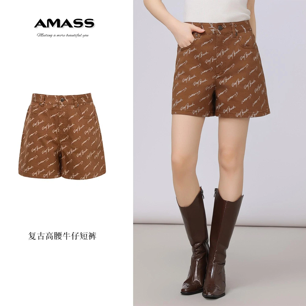 AMASS阿玛施新款青春减龄休闲裤复古字母高腰牛仔短裤女士5100476