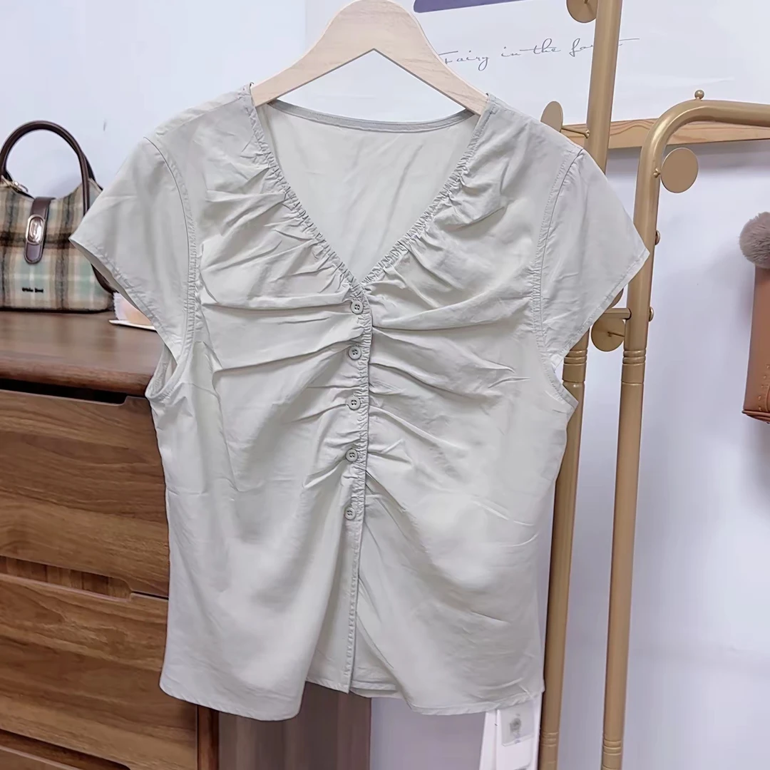 【原歌2】夏季新款褶皱V领天丝收腰显瘦设计感小众上衣YG725