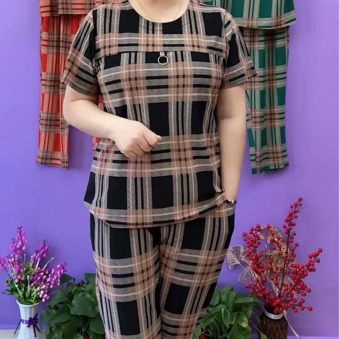 夏季新款洋气格子套装显瘦圆领中老年妈妈装（上衣+裤子）