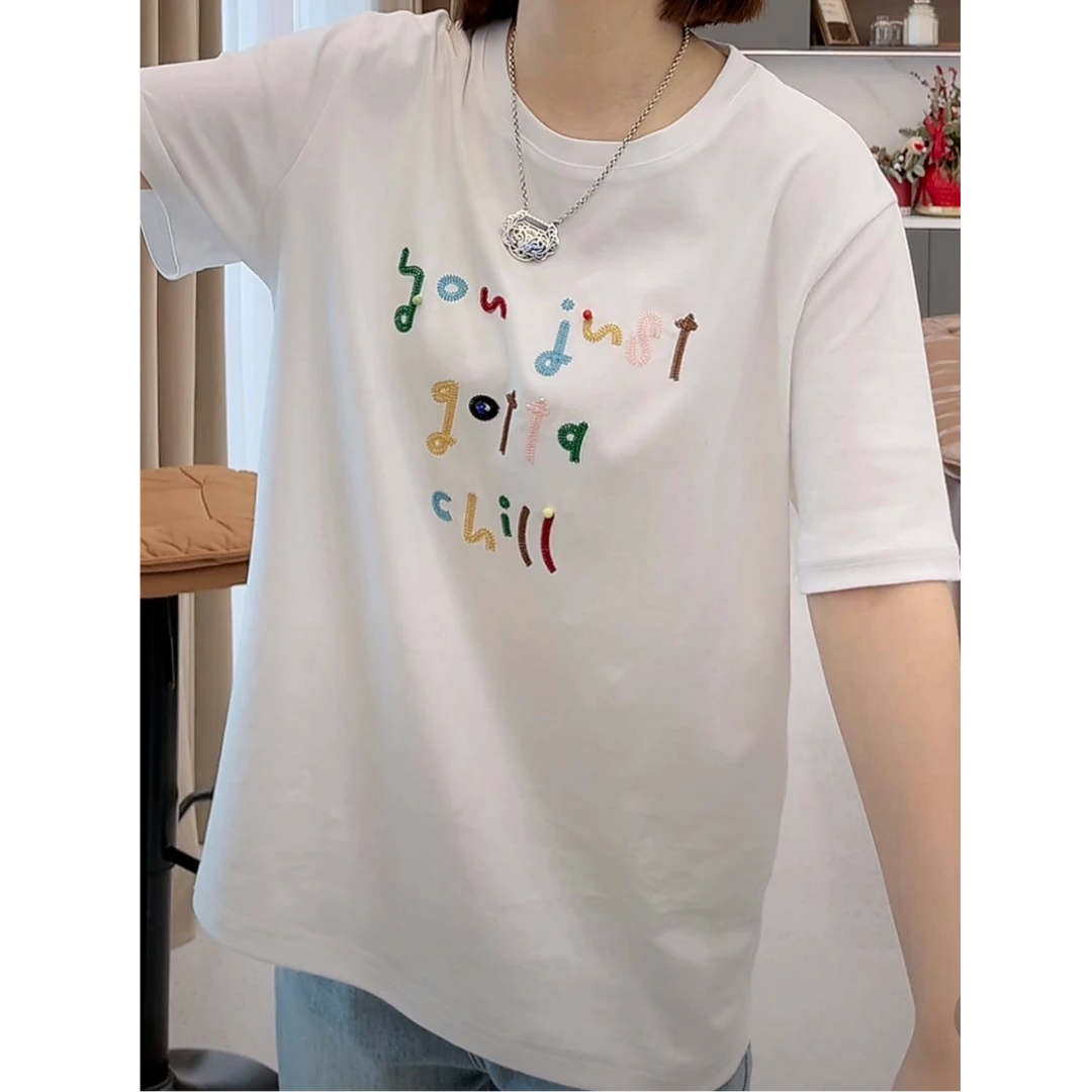 刺绣字母上衣女2025年夏季新款时尚设计感圆领宽松短袖欧若风T恤