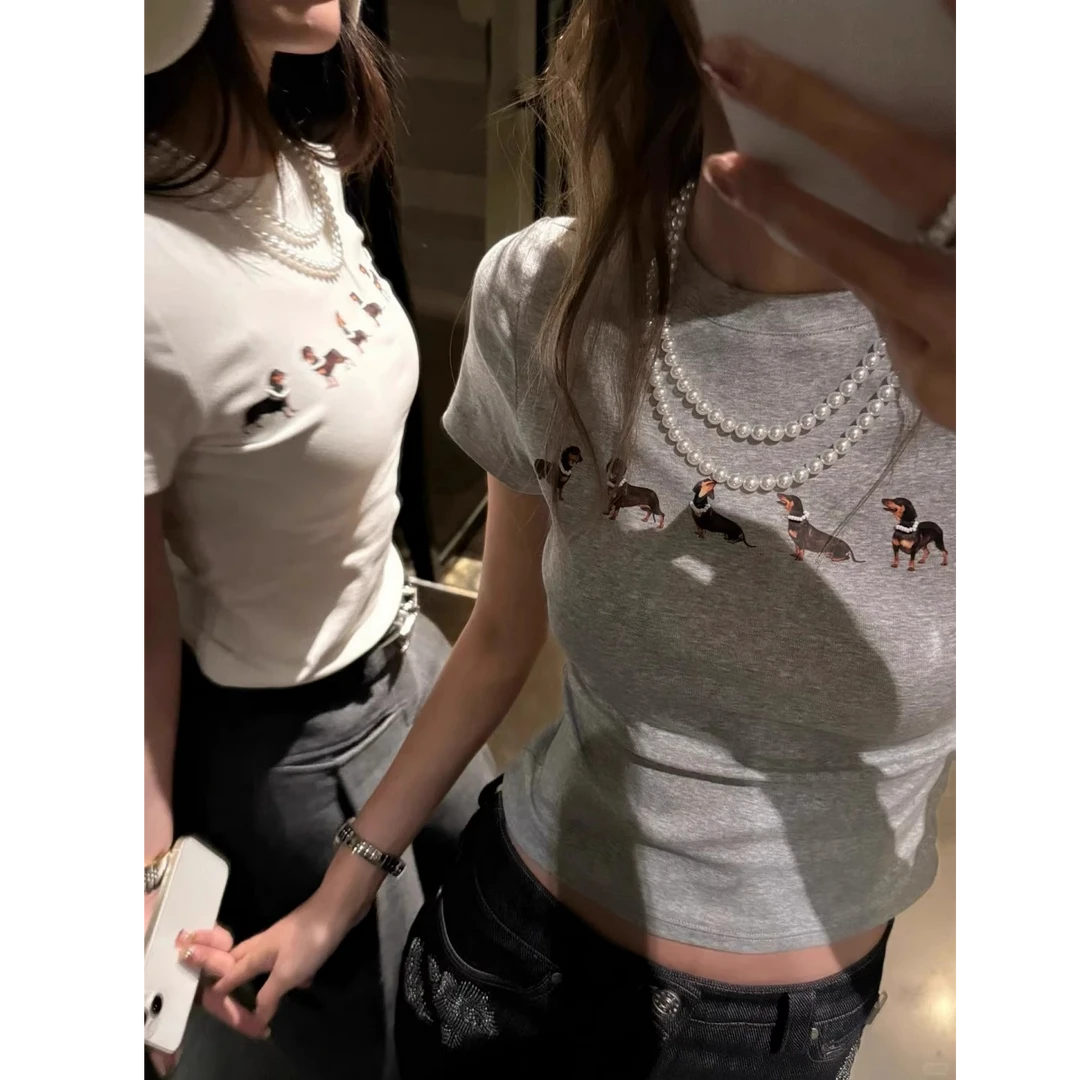 腊肠小狗正肩短袖t恤女夏季2025新款修身短款辣妹洋气小众上衣ins