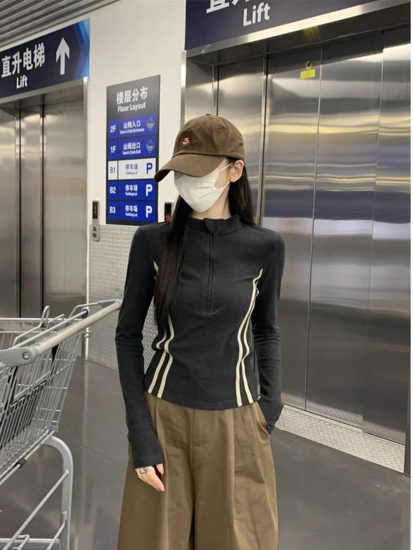 韩系拉链磨毛立领打底衫女春秋新款双杠条纹收腰显瘦上衣9603