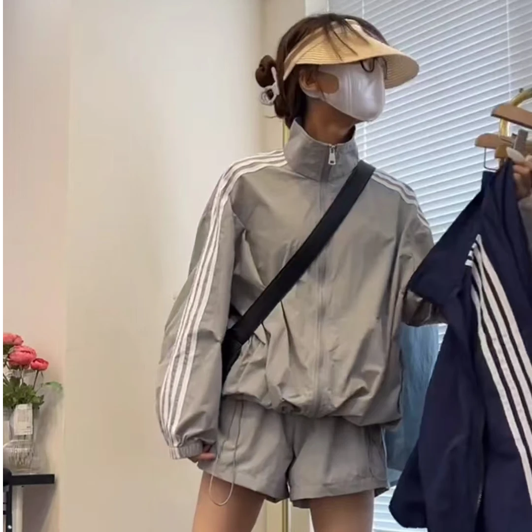 美式学院风运动防晒两件套夏季新款立领宽松撞色条纹薄外套加短裤