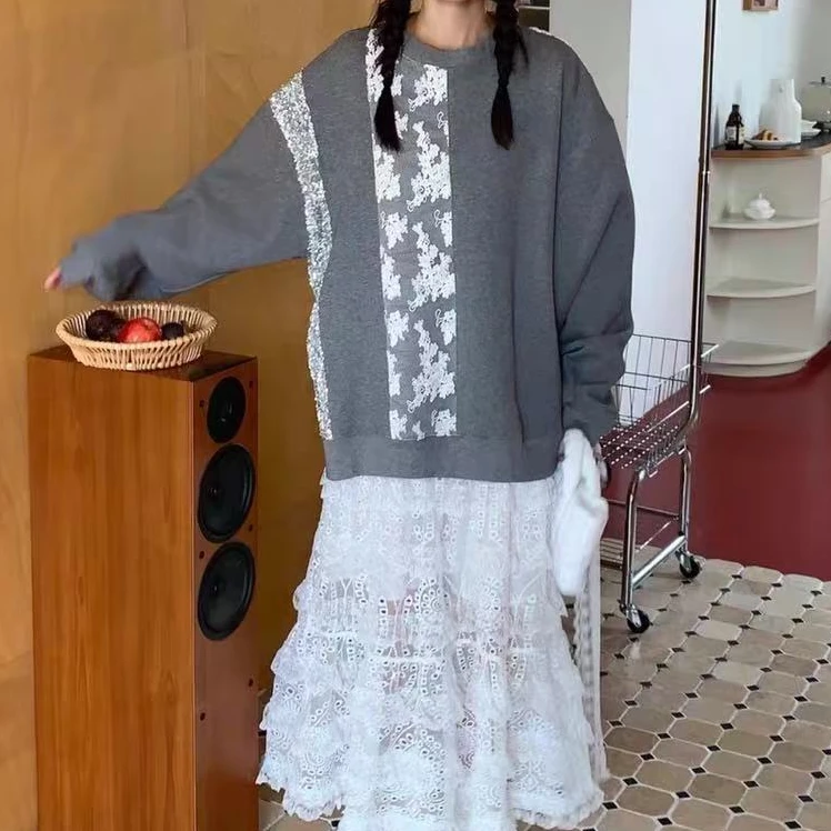 【NO退NO换 不回娘家】拼接蕾丝宽松卫衣 TT508