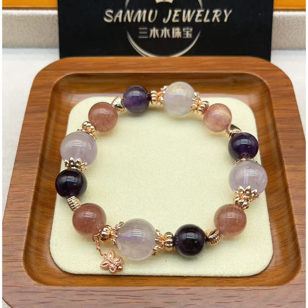 12天然水晶手串紫水晶草莓晶白水晶女生手串原创设计手串