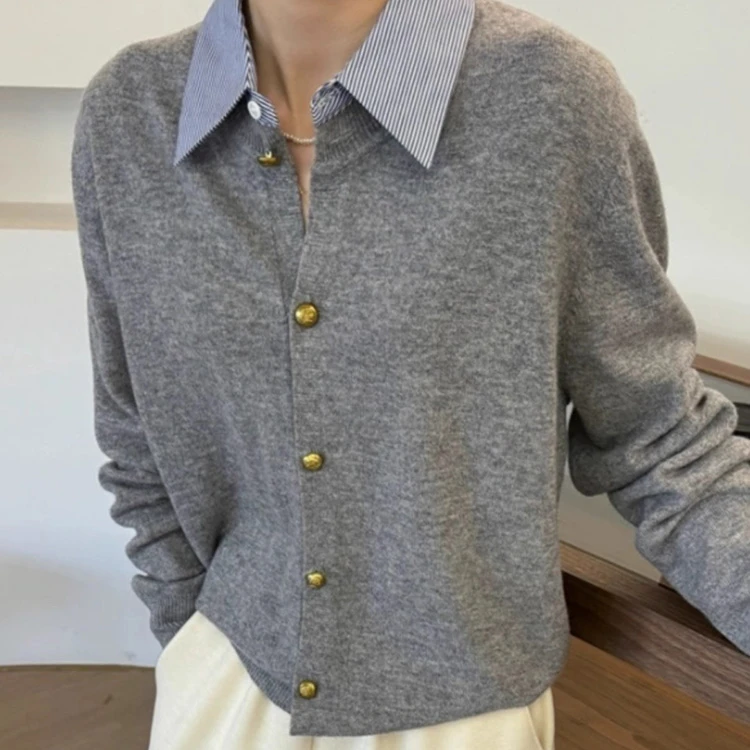 3555假两件条纹设计感小众休闲衬衫新款休闲毛针织上衣