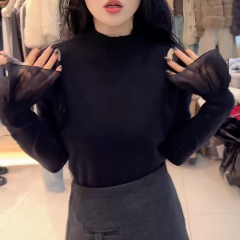 2025秋冬新款百搭显瘦蕾丝漏肩针织衫修身百搭上衣LK2508071