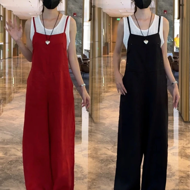 时尚套装女夏季新款洋气温柔无袖背心+亚麻背带阔腿裤减龄两件套