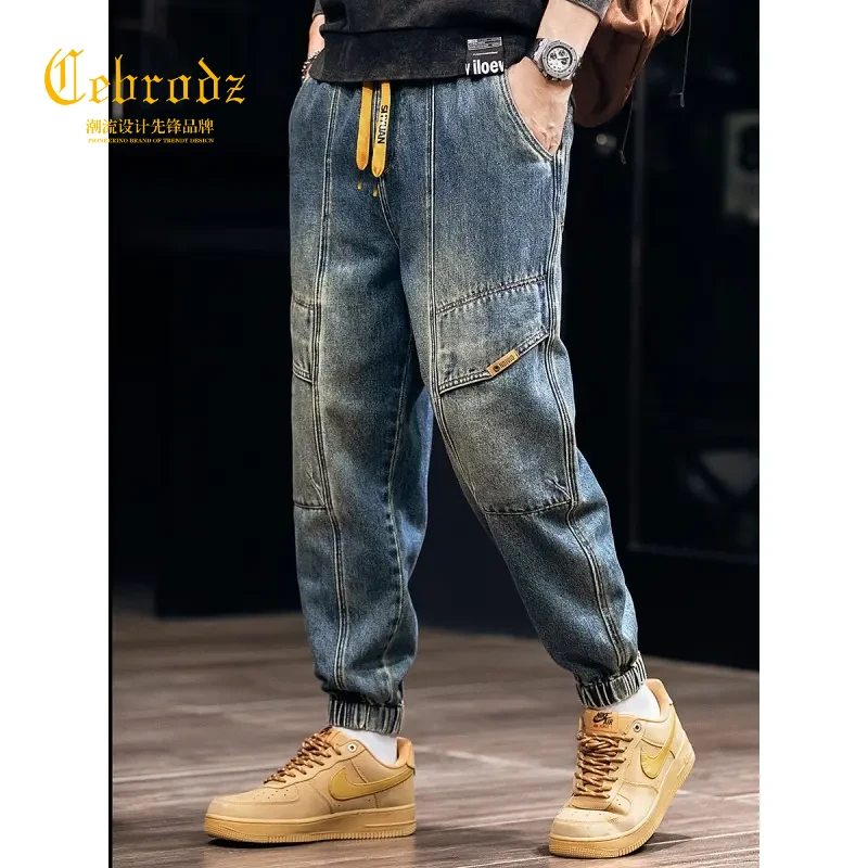 法国Cebrodz高端美式重磅拼接牛仔裤男秋宽松复古束脚哈伦工装裤