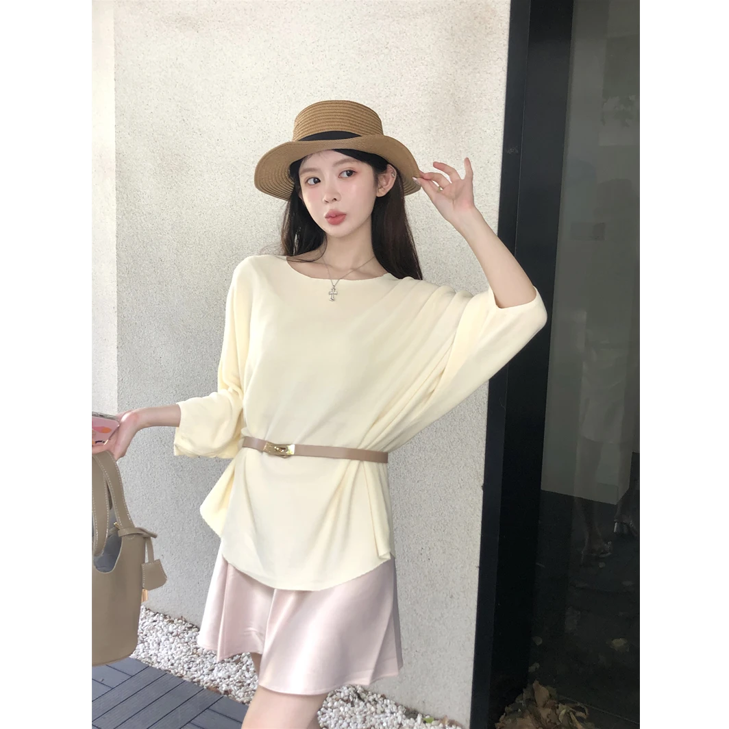 【拉拉专属】法式气质圆领冰丝针织衫女宽松设计感上衣(配腰带)