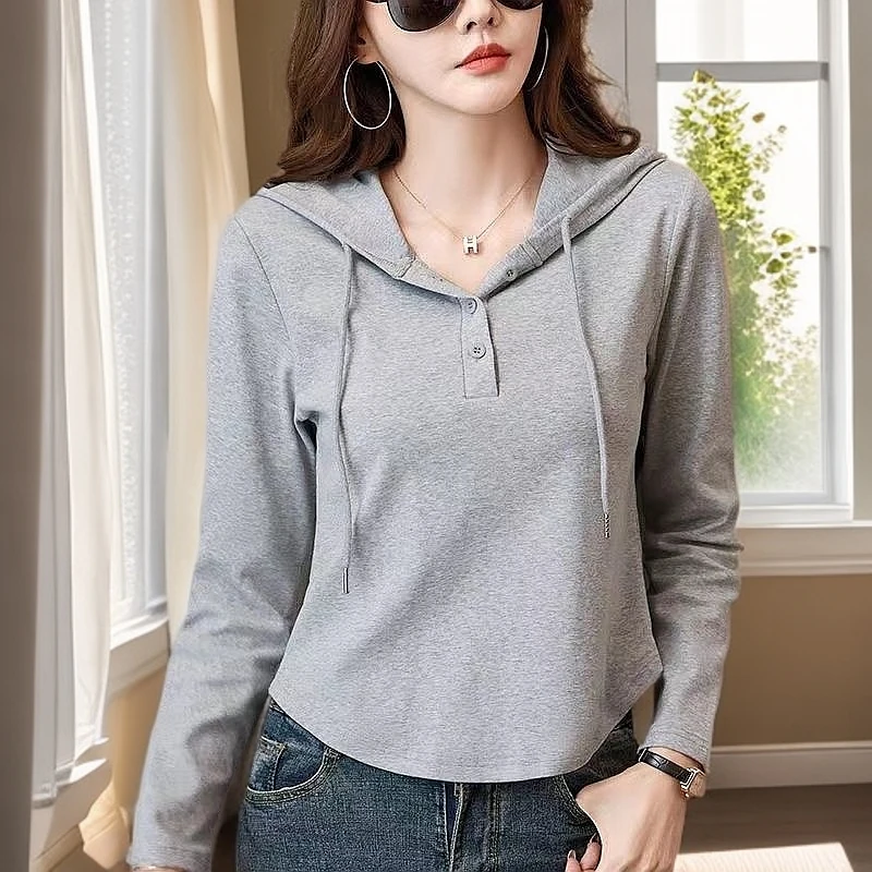 百搭连帽长袖2025年春秋T恤新款帽衫修身显瘦短款上衣女纯
