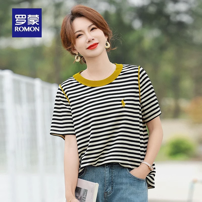 罗蒙妈妈夏装2025新款套装洋气短袖t恤中年女夏季休时尚条纹上衣