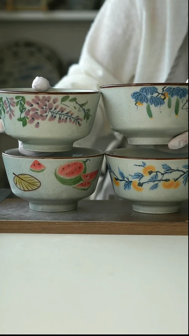 陶瓷中式复古四色高脚碗12.5cm微瑕@4-2@