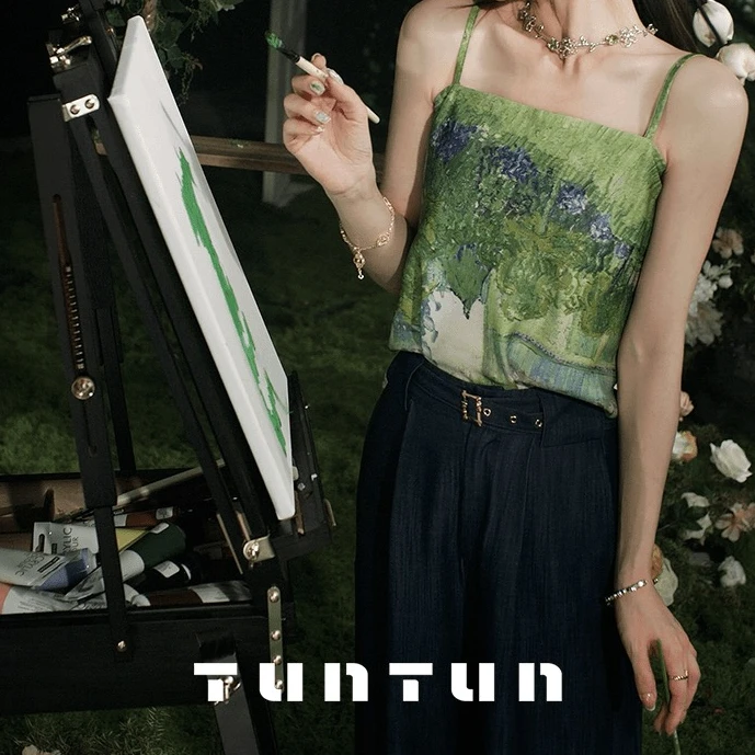 小众设计 梵高花境有生命力的美  通勤法式油画印花丝巾吊带