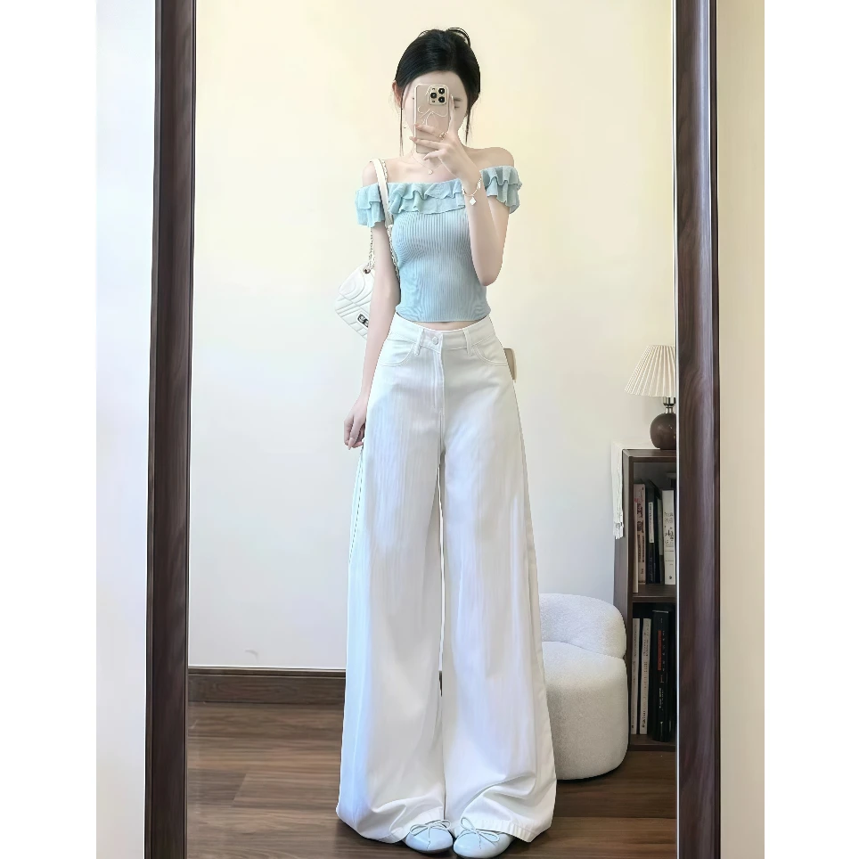 夏装一整套多巴胺穿搭超好看独特漂亮一字领针织上衣阔腿裤两件套