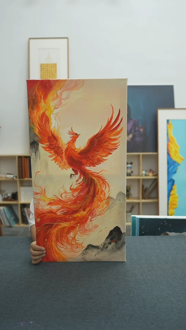 丙烯画杨*珊珊老师竖版凤凰丙烯加框