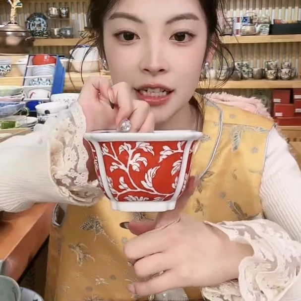 【单支】日本进口有田烧手绘赤绘方形陶瓷小钵