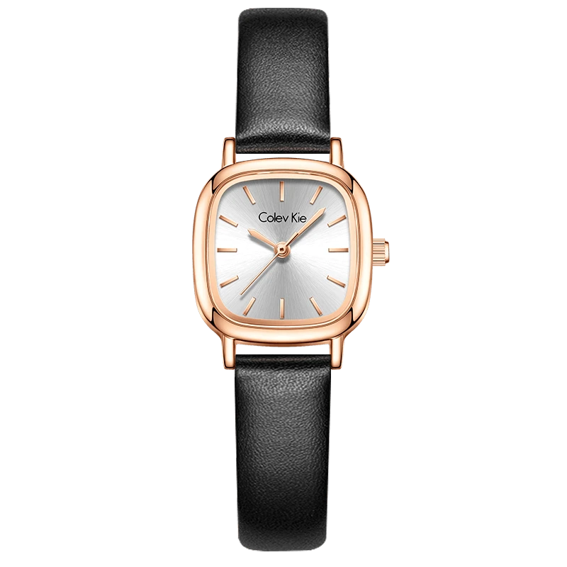 Colevkie官方正品女士2025新款黑金方糖真皮轻奢女士手表8002