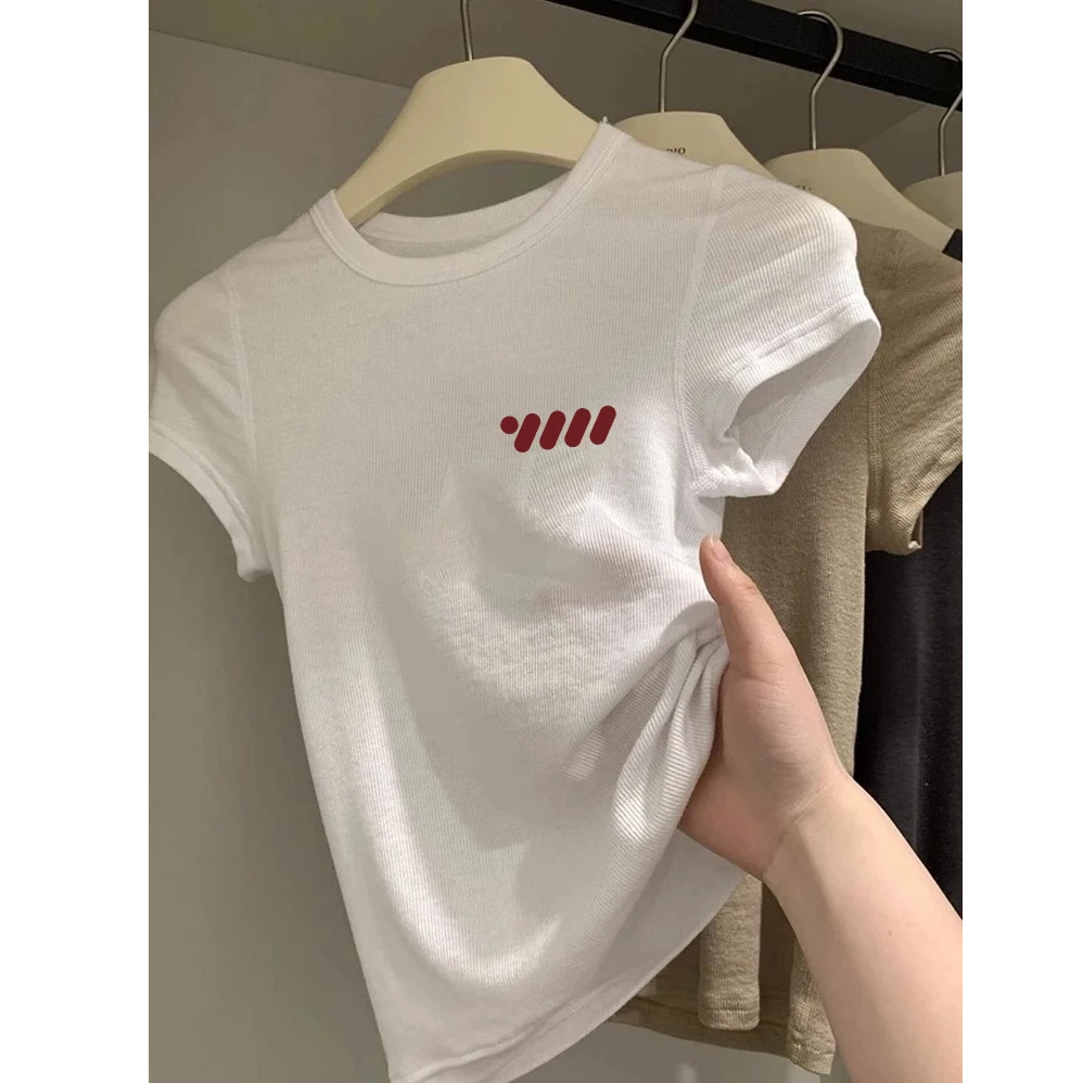 修身正肩白色2025夏季新款短袖t恤女明线设计感百搭圆领上衣服潮
