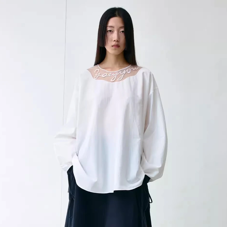 YOEYYOU 简约设计感A摆字母蕾丝拼接衬衫25春设计师 YTSS520195
