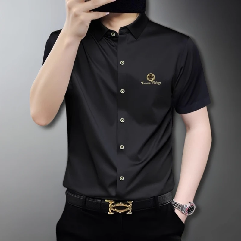 男士时尚痞帅潮牌衬衫商务修身轻奢青年高弹冰丝夏款薄款短袖衬衣