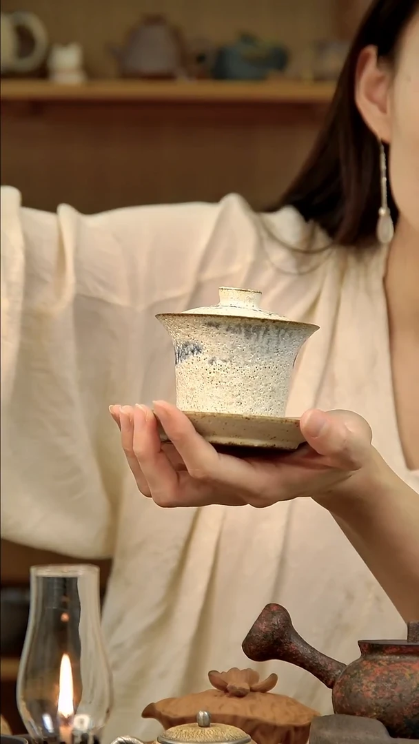 言野手作 粉引青花盖碗