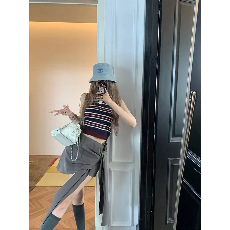 夏季新款复古甜妹套装POLO领条纹背心高腰绑带不规则设计半身短裙