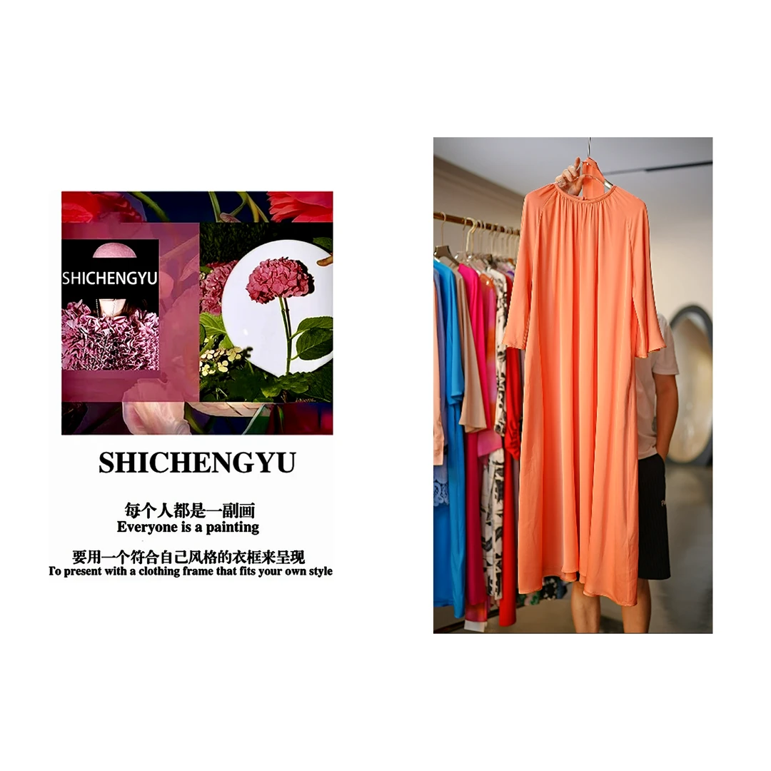 D052时尚设计师新款「水蜜桃」桃色百褶连衣裙