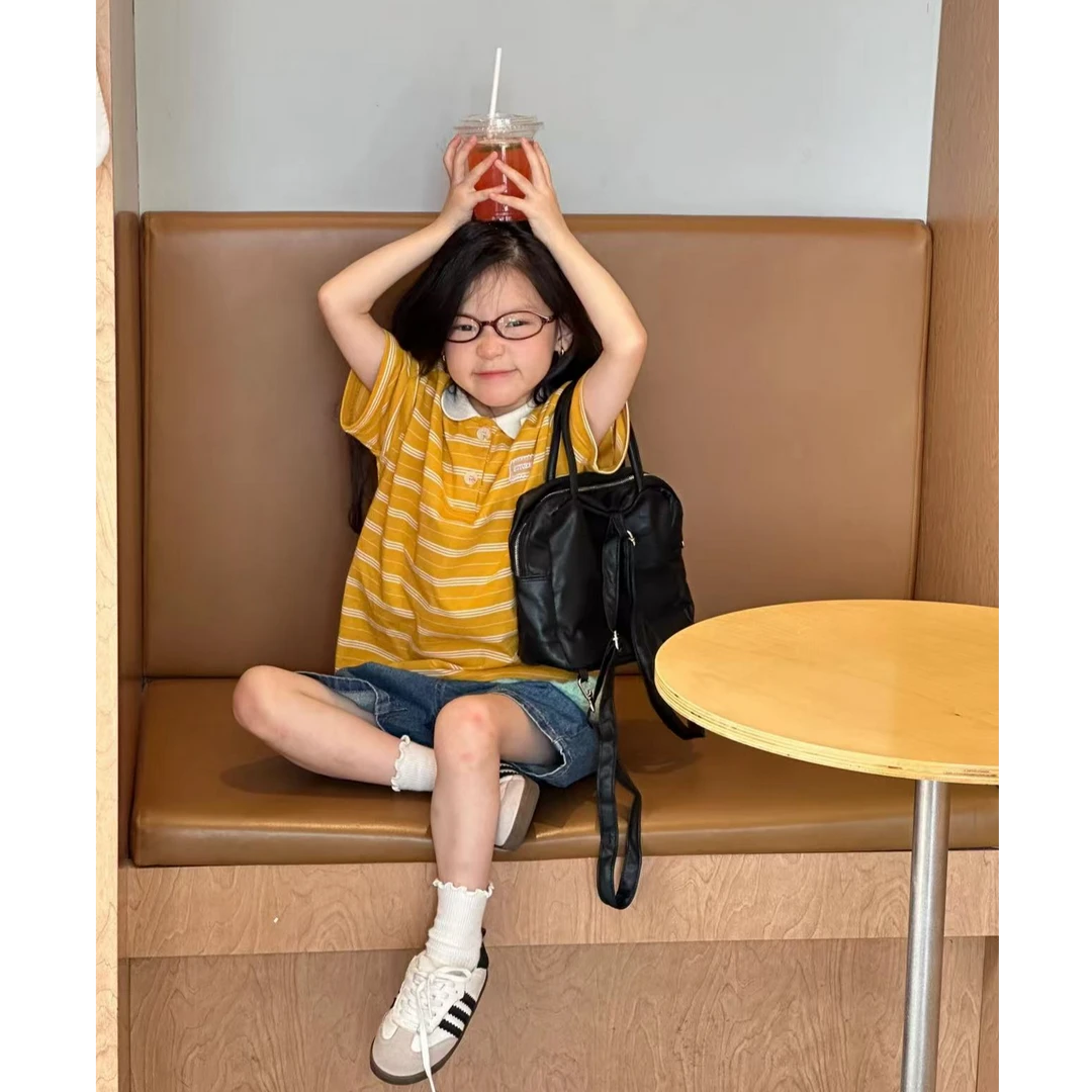 现货】壹妈童装女童时髦套装2025新款洋气宽松条纹polo衫牛仔短裤