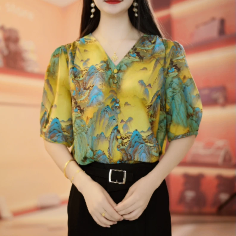 2025新款雪纺衫碎花气质小衫洋气衬衣时尚百搭衬衫法式荷叶边W382