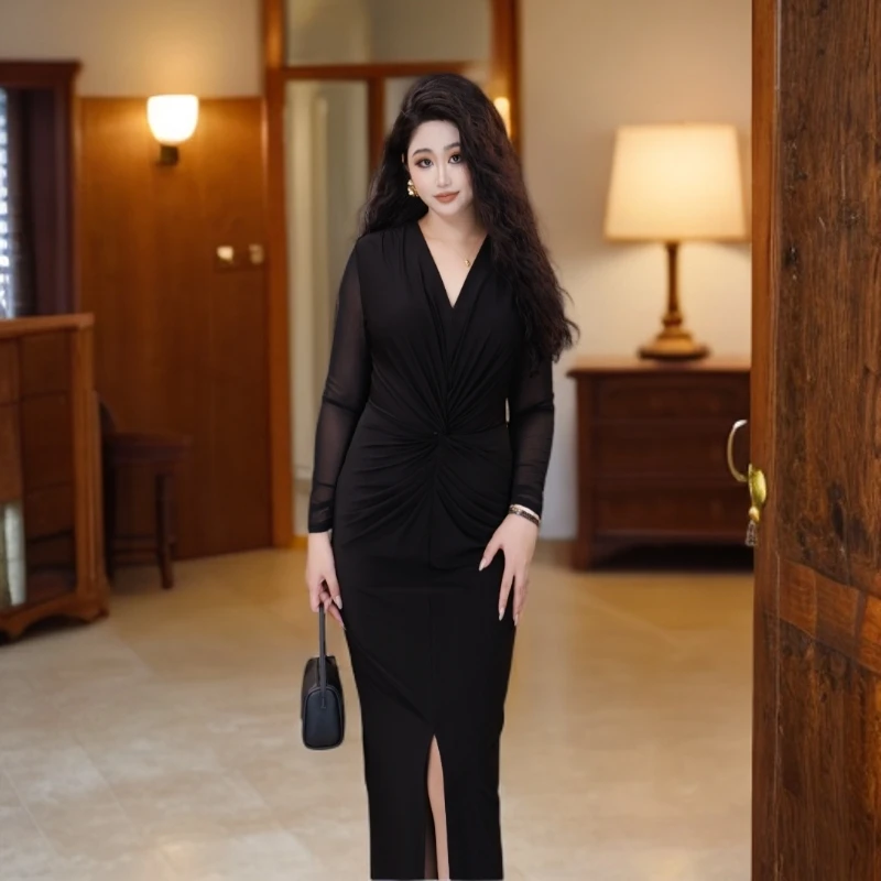 星云里微胖服饰｜海妖大人｜V领超弹力连衣裙性感包臀修身长裙