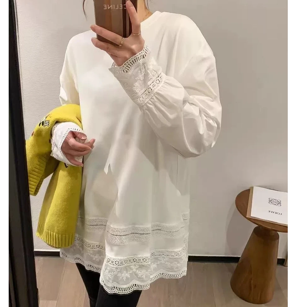 韩系百搭蕾丝拼接打底T恤女2025春季新款内搭宽松显瘦设计感上衣
