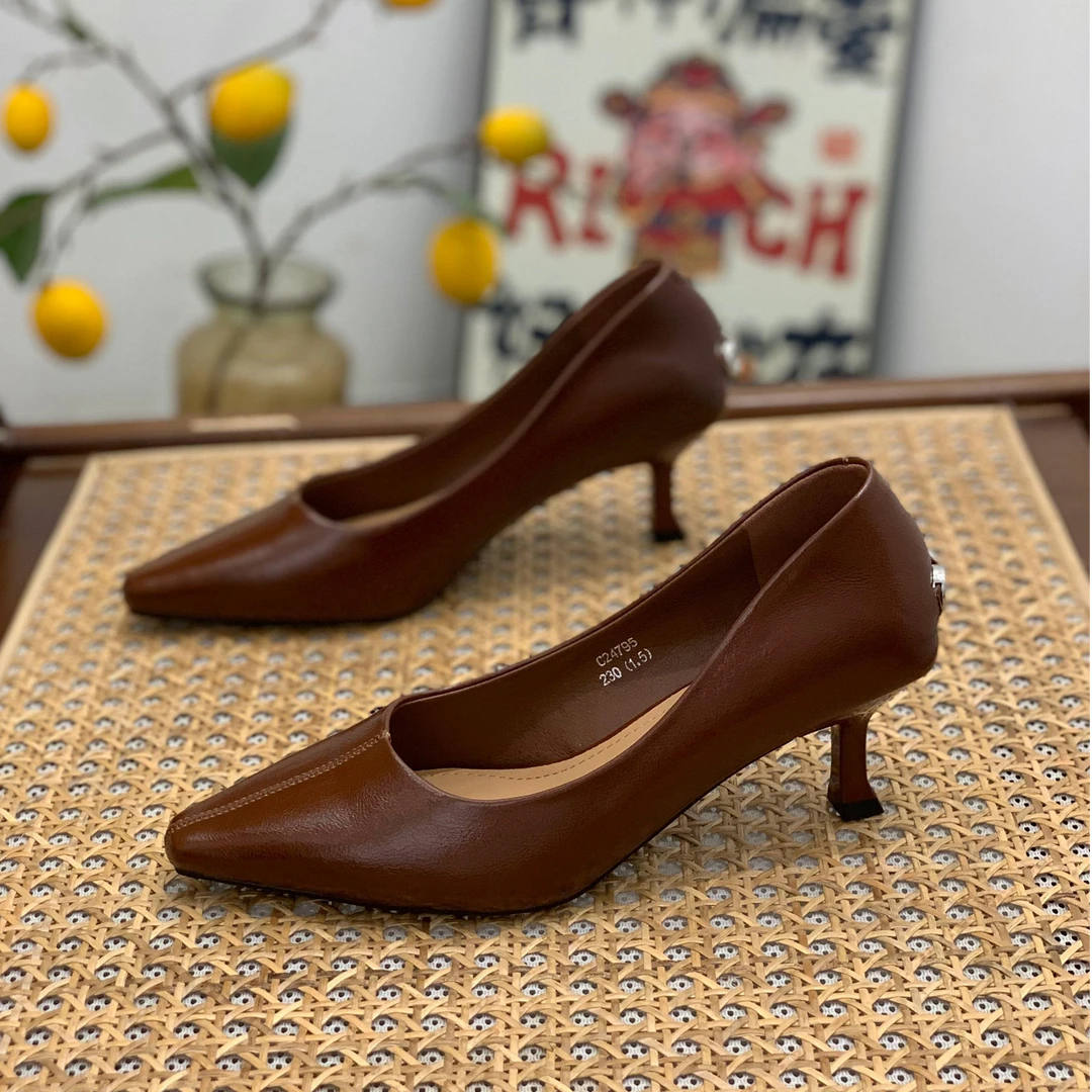 小方头24795气质复古浅口单鞋女2025春季新款细跟不累脚高跟鞋