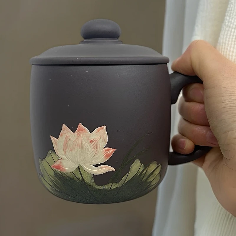 宜兴紫砂 手绘荷趣 天青泥 盖杯