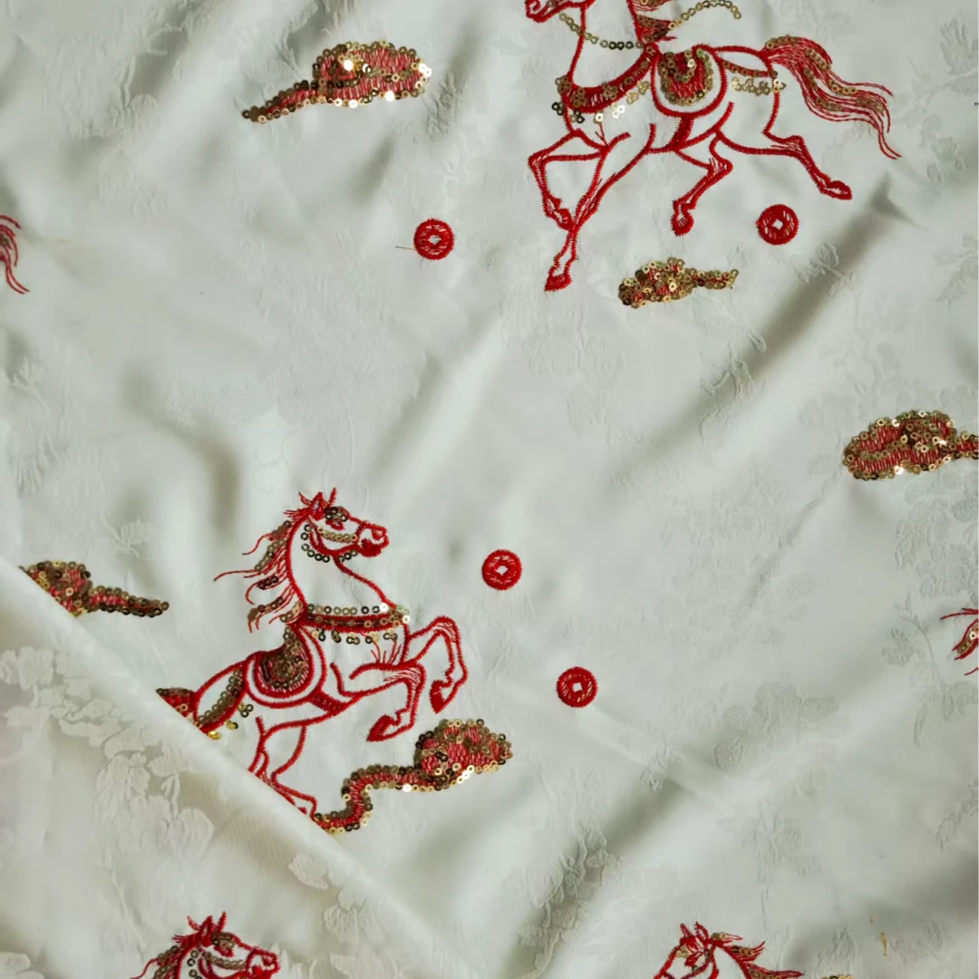 【刺绣珠光缎-一马当先】垚记布庄通用国风服装布料面料链接丝绸布