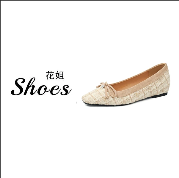 H8998-3新款方头小香风法式蝴蝶结单鞋女内增高布面轻奢秋季女鞋