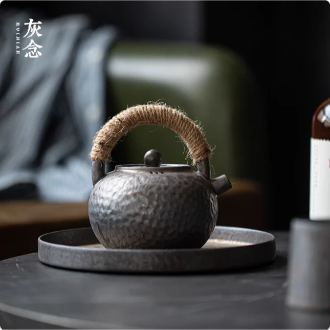 【小田甄陶】鎏金锤纹-灰念-提梁壶-400CC（灰念0368）