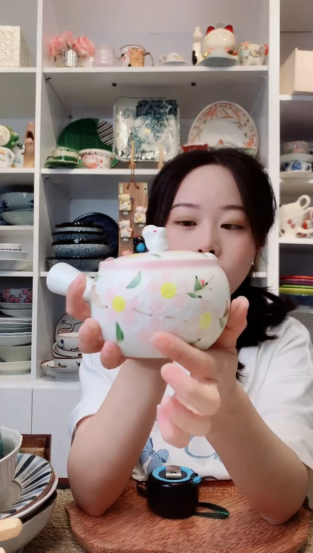 陶瓷【微瑕】手绘樱花兔子茶壶