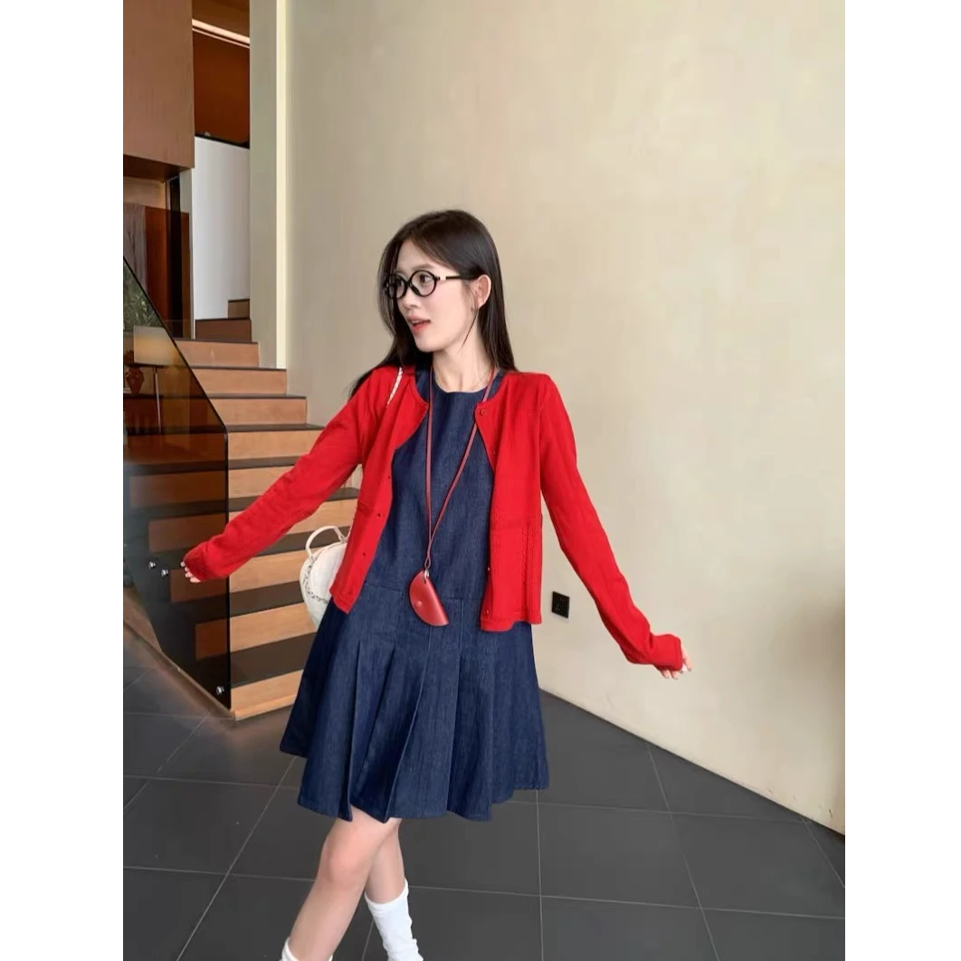 【胖佳定制】2025新款胖mm宽松A字百褶牛仔背心裙+开衫套装